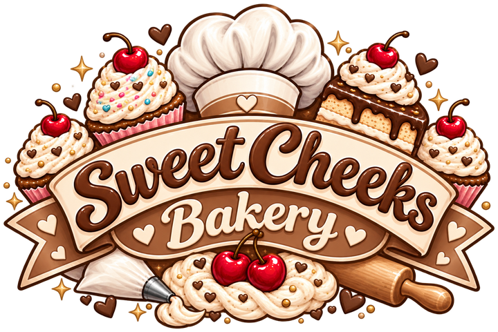 Sweet Cheeks Bakery logo, with cupcakes, a chef's hat and cherries around a ribbon